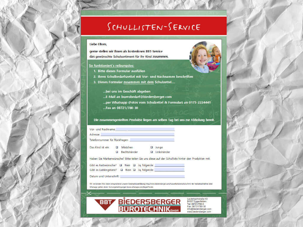 Schullisten-Service zum Schulanfang